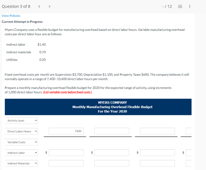 Myers flexible budget uses company manufacturing overhead labor variable direct hours based homeworklib