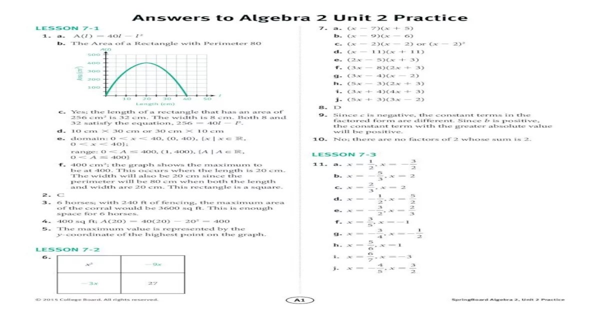 Springboard answer key algebra 1