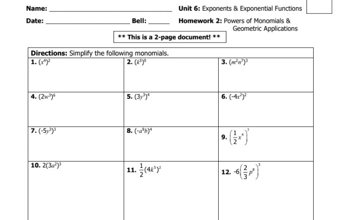 Unit 6 exponents and exponential functions homework 1 answer key