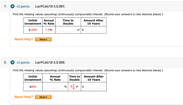 Missing find assuming values continuously compounded interest solved answers decimal round two help transcribed problem text been show has investment